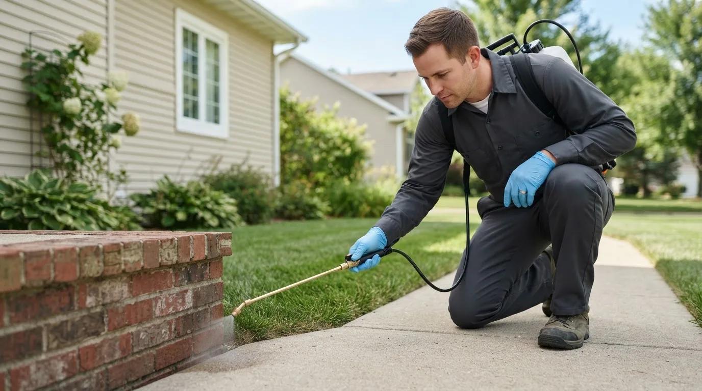Pest control technician treating a home near Russellville, AR