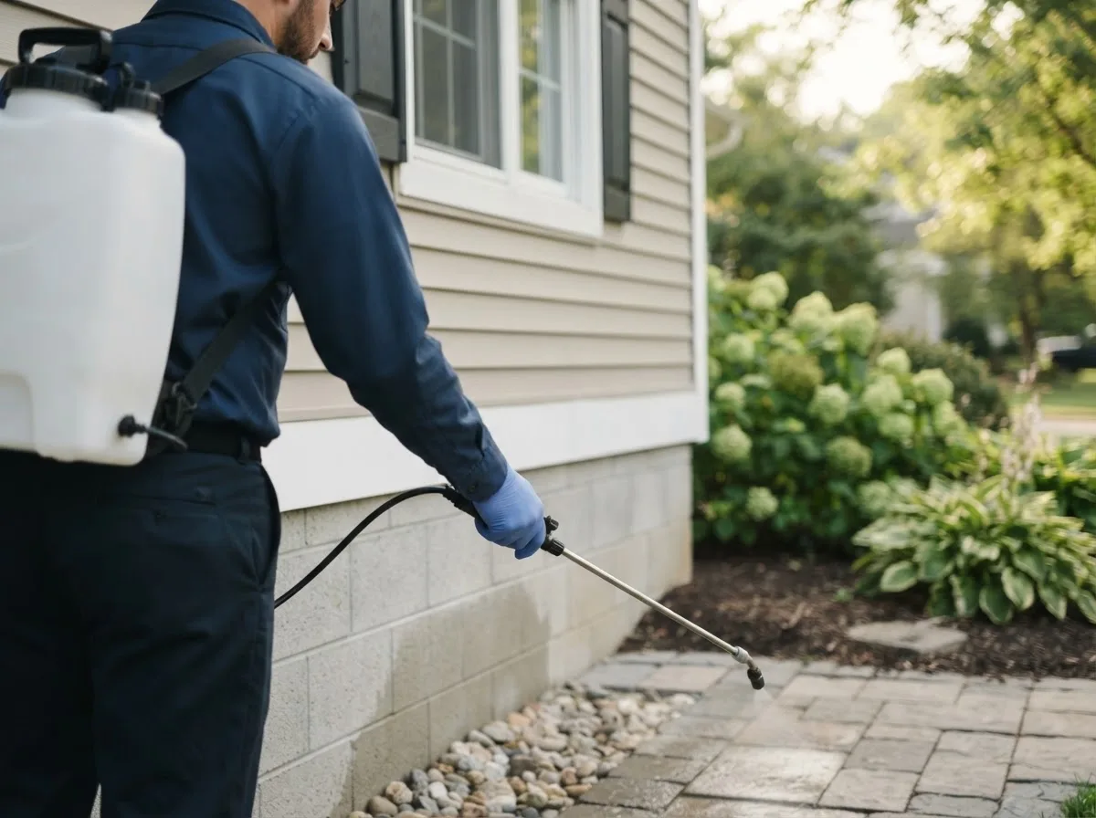 Pest control technician inspecting a home in Russellville, AR